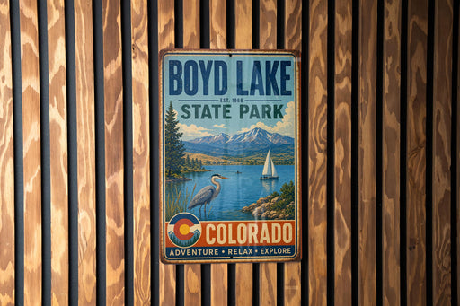 A vintage-style metal sign for Boyd Lake State Park in Colorado, featuring a scenic landscape with mountains, a lake, and a sailboat.