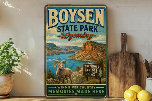A vintage-style metal sign for Boysen State Park in Wyoming, featuring a scenic landscape with a ram, a lake, and mountains.