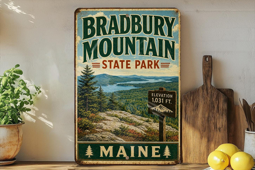 A vintage-style metal sign for Bradbury Mountain State Park in Maine, featuring a scenic landscape with pine trees, mountains, and a lake.