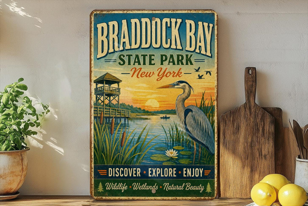 A vintage-style sign for Braddock Bay State Park in New York, featuring an illustration of a bird, a wooden pier, and a sunset over the water.