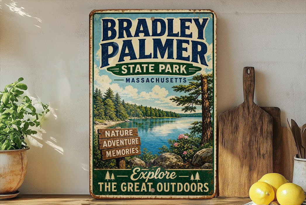 A vintage-style metal sign for Bradley Palmer State Park in Massachusetts, featuring a scenic landscape with a lake and pine trees.