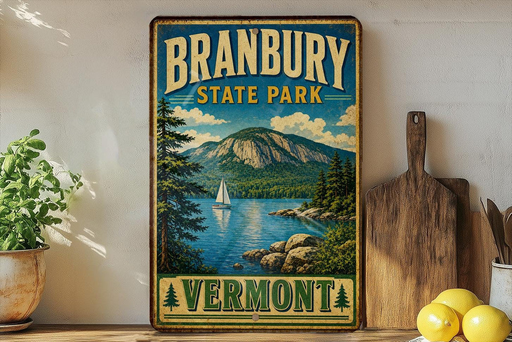 A vintage-style metal sign for Branbury State Park in Vermont, featuring a scenic landscape with a lake, mountains, and a sailboat.