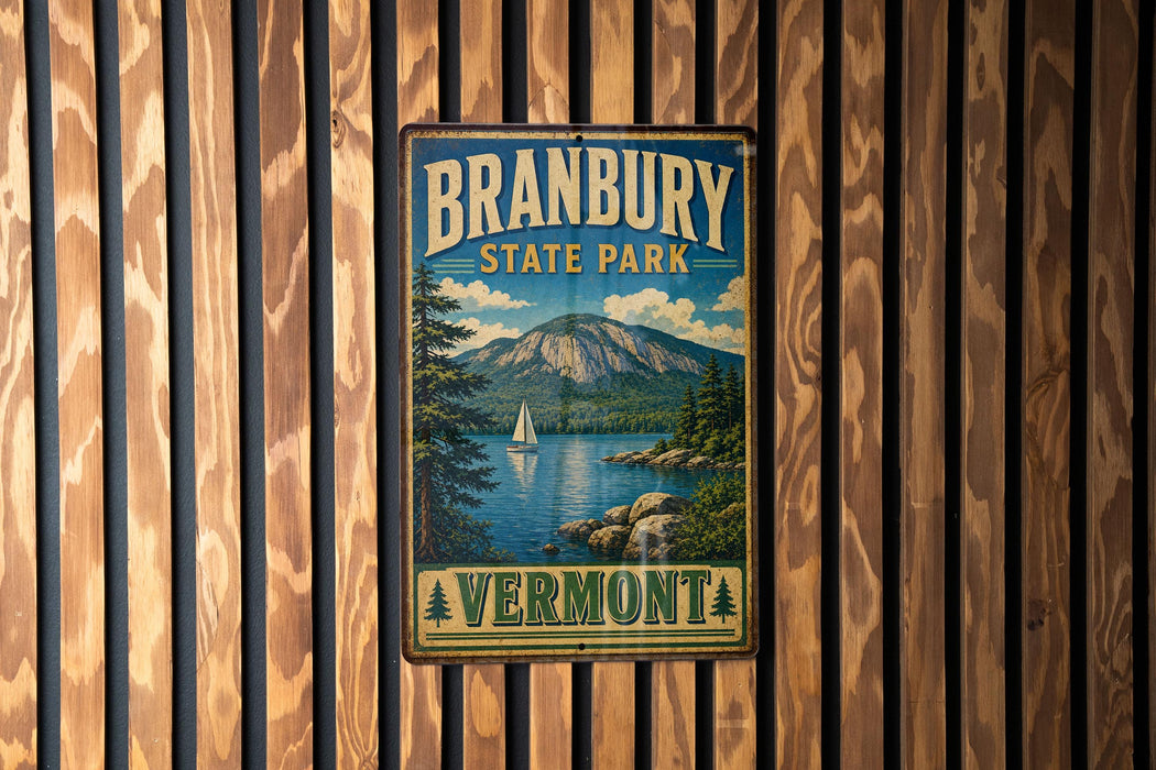 A vintage metal sign for Branbury State Park in Vermont, featuring a scenic landscape with a lake, mountains, and a sailboat.