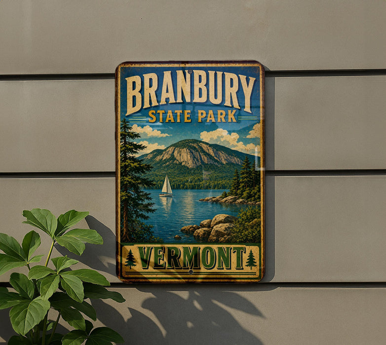 A vintage-style metal sign for Brandbury State Park in Vermont, featuring a scenic landscape with a lake, mountains, and a sailboat.