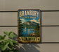 A vintage-style metal sign for Brandbury State Park in Vermont, featuring a scenic landscape with a lake, mountains, and a sailboat.