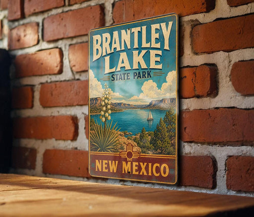 A vintage-style metal sign for Brantley Lake State Park in New Mexico, featuring a scenic landscape with a lake, mountains, and a sailboat.