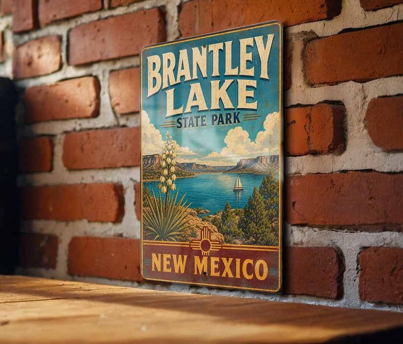 A vintage-style metal sign for Brantley Lake State Park in New Mexico, featuring a scenic landscape with a lake, mountains, and a sailboat.