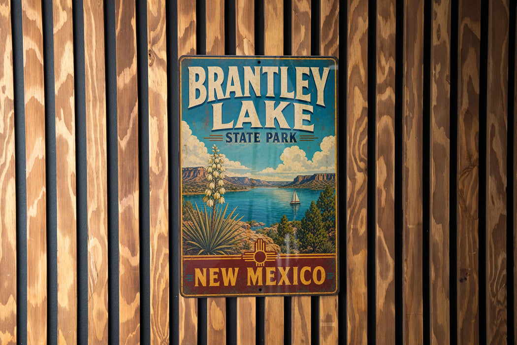 A vintage metal sign for Brantley Lake State Park in New Mexico, featuring a scenic illustration of the lake and surrounding landscape.