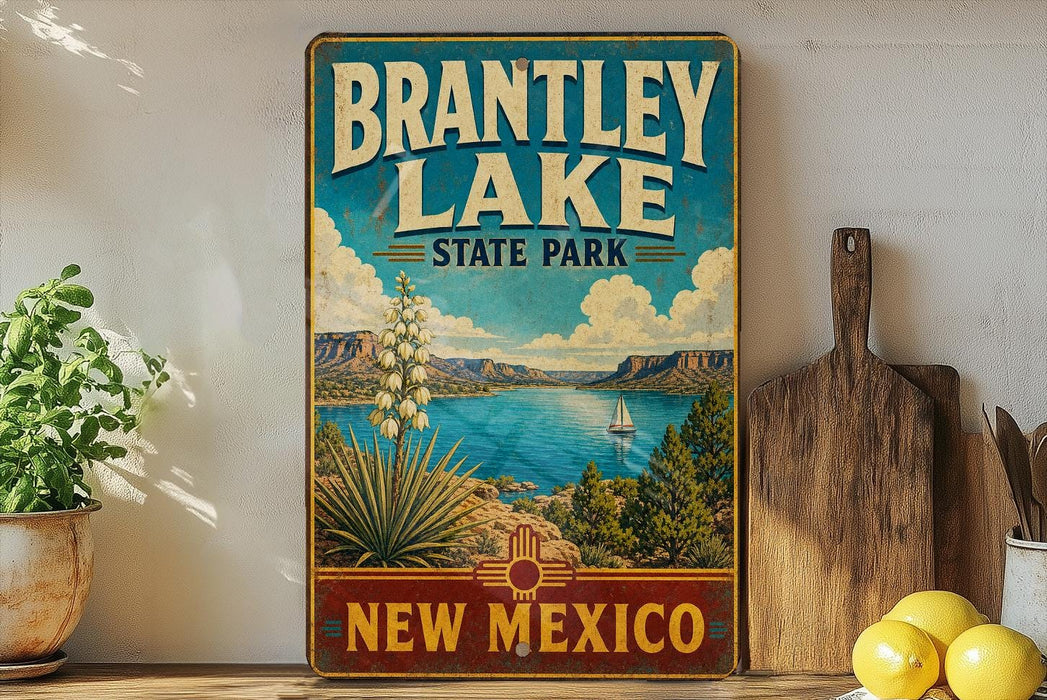 A vintage-style sign for Brantley Lake State Park in New Mexico, featuring a scenic landscape with a lake, mountains, and a sailboat.
