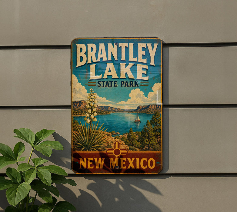 A vintage-style sign for Brantley Lake State Park in New Mexico, featuring a scenic landscape with mountains, a lake, and a palm tree.