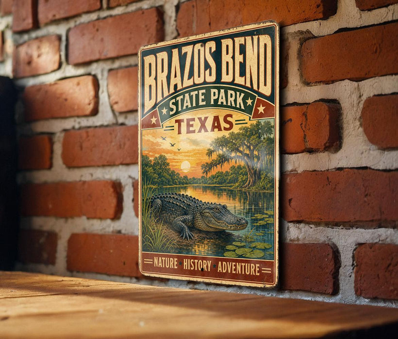 A vintage metal sign for Brazos Bend State Park in Texas, featuring an illustration of a crocodile in a pond with a sunset in the background.