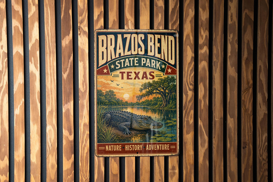 A vintage metal sign for Brazos Bend State Park in Texas, featuring an illustration of a crocodile in a pond with a sunset in the background.
