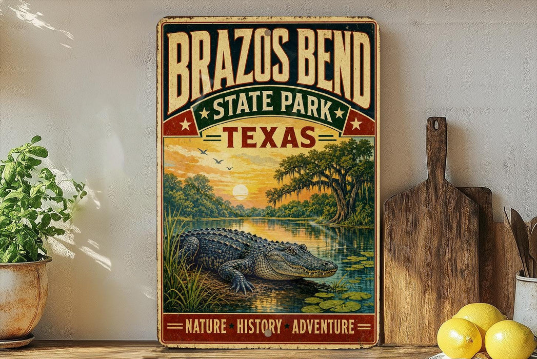 A vintage-style metal sign for Brazos Bend State Park in Texas, featuring an illustration of a crocodile in a pond with a sunset in the background.