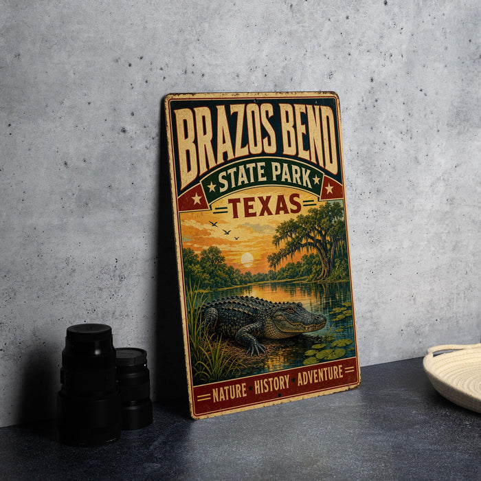 A vintage-style metal sign for Brazos Bend State Park in Texas, featuring an illustration of a crocodile in a pond with a sunset in the background.