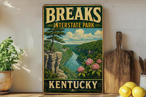 A vintage-style sign for Breaks Interstate Park in Kentucky, featuring a scenic landscape with a river, cliffs, and pink flowers.