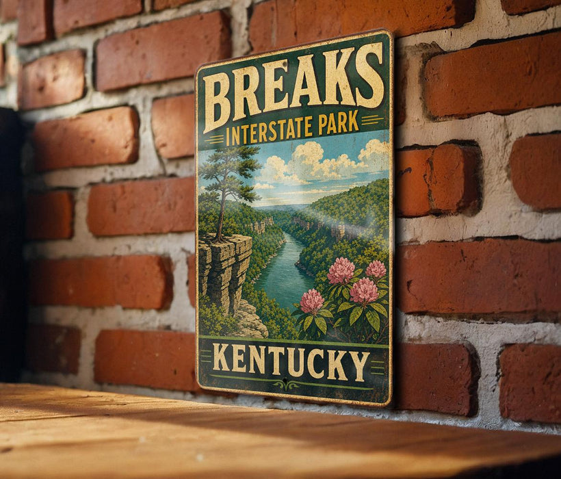 A vintage-style metal sign for Kentucky Interstate Park hangs on a brick wall, featuring a scenic landscape with a river, mountains, and pink flowers.