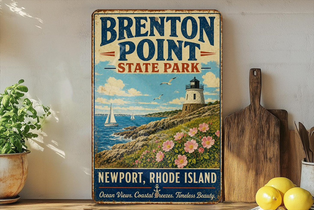 A vintage-style metal sign for "Brenton Point State Park" in Newport, Rhode Island, featuring a lighthouse and a coastal landscape with sailboats.