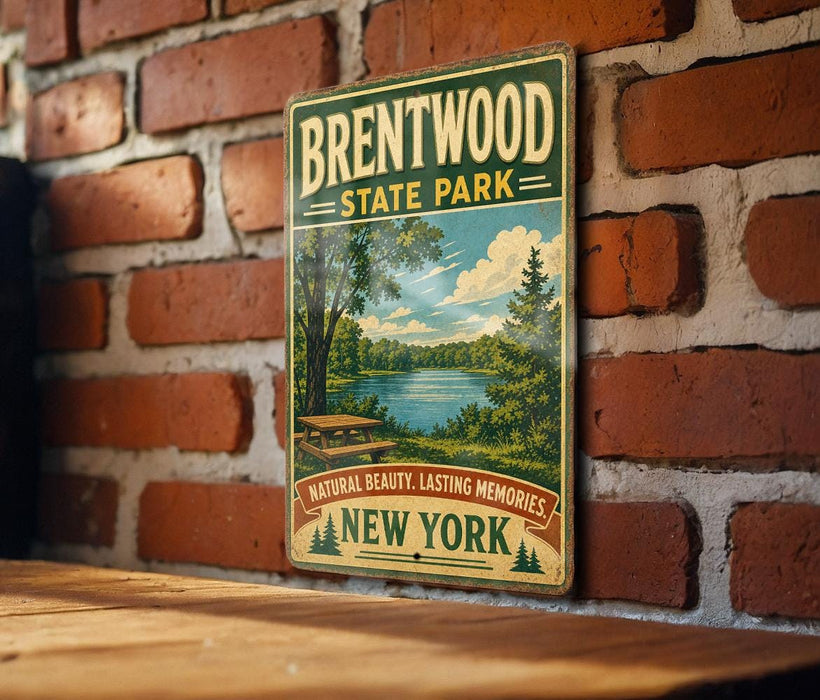 A vintage-style metal sign for Brentwood State Park, featuring a scenic landscape with a lake and trees, mounted on a brick wall.