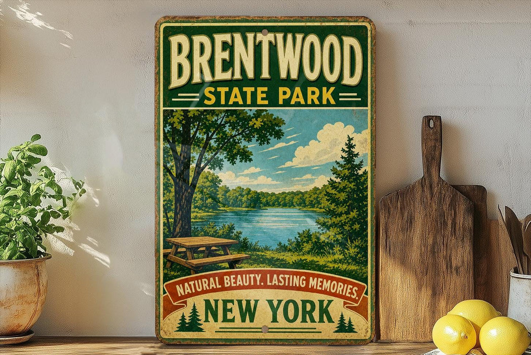 A vintage-style sign for Brentwood State Park, featuring a scenic landscape with a lake and trees, is displayed on a wooden shelf next to a wooden cutting board and some lemons.