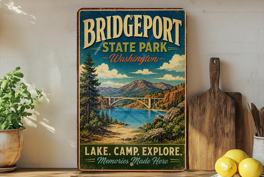 A vintage-style metal sign for Bridgeport State Park in Washington, featuring a scenic landscape with a lake, mountains, and a bridge.