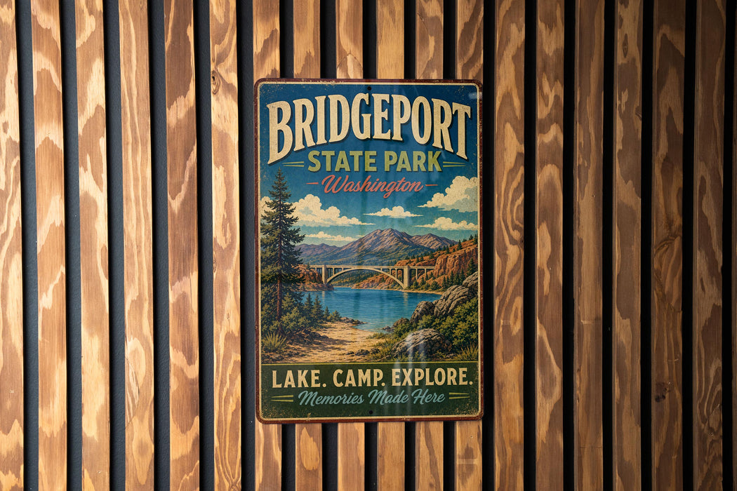 A vintage metal sign for Bridgeport State Park in Washington, featuring a scenic landscape with a lake, bridge, and mountains.
