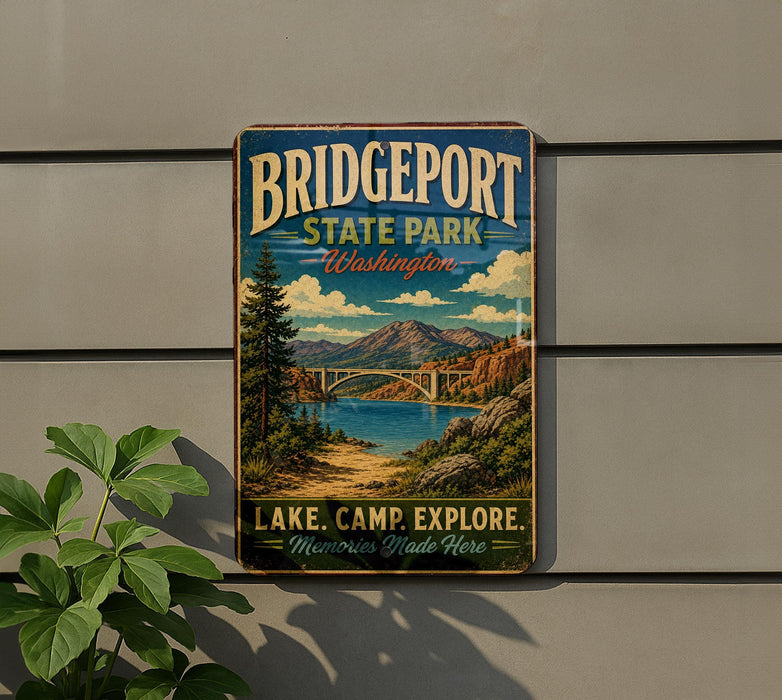 A vintage metal sign for Bridgeport State Park in Washington, featuring a scenic landscape with a lake, mountains, and a bridge.