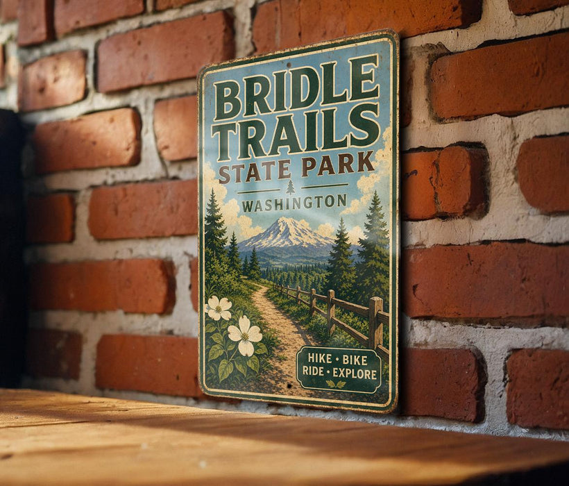 A vintage-style metal sign for Bridle Trails State Park in Washington, featuring a scenic mountain landscape and a trail leading through the woods.