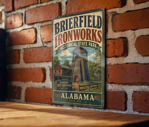 A vintage metal sign for Brierfield Ironworks, a historical state park in Alabama, is displayed on a brick wall.
