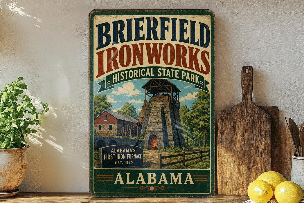 A vintage-style sign for Brierfield Ironworks Historic State Park in Alabama, featuring an illustration of a historic ironworks building and surrounded by a wooden fence.