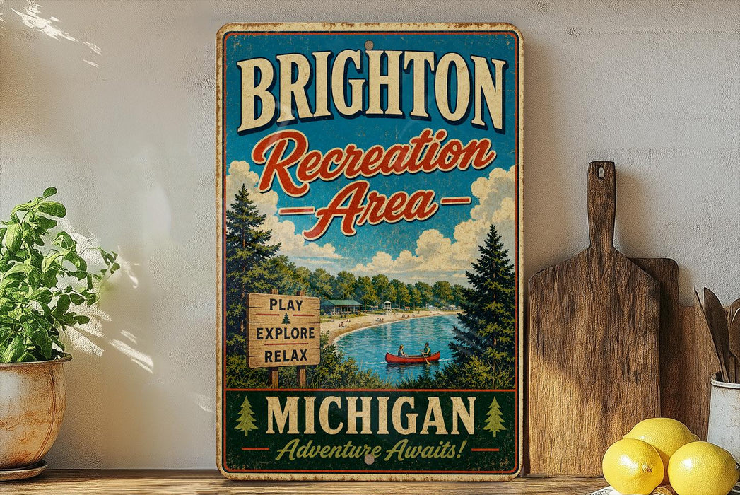 A vintage-style metal sign for Brighton Recreation Area in Michigan, featuring a scenic landscape with a lake, pine trees, and a red canoe.