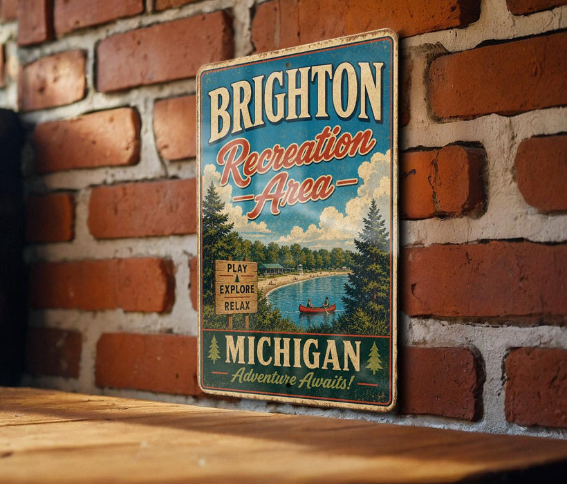 A vintage metal sign for Brighton Recreation Area in Michigan, featuring a scenic image of a lake and forest.