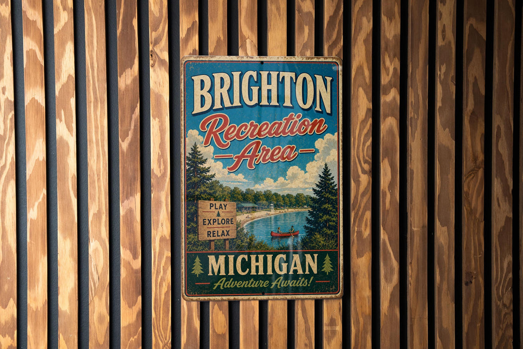 A vintage metal sign for Brighton Recreation Area in Michigan, featuring a scenic landscape with a lake, mountains, and pine trees.