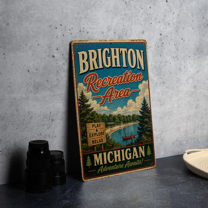 A vintage-style metal sign for Brighton Recreation Area in Michigan, featuring a scenic landscape with a lake, trees, and a sign that says "Play, Explore, Relax, Michigan Adventure Awaits!"