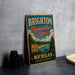 A vintage-style metal sign for Brighton Recreation Area in Michigan, featuring a scenic landscape with a lake, trees, and a sign that says "Play, Explore, Relax, Michigan Adventure Awaits!"