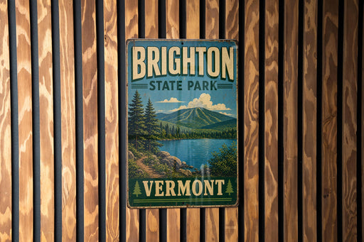 A vintage metal sign for Brighton State Park in Vermont, featuring a scenic landscape with mountains, trees, and a lake.
