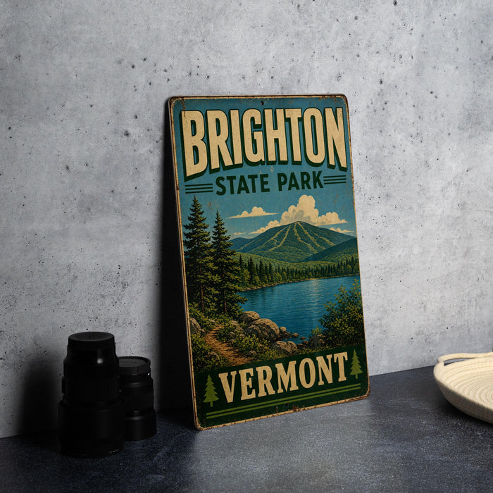 A vintage-style sign for Brighton State Park in Vermont, featuring a scenic landscape with mountains, pine trees, and a lake.
