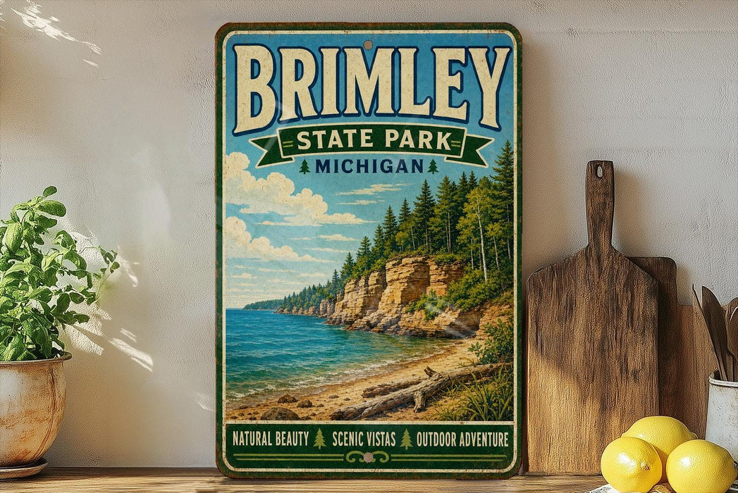 A vintage-style metal sign for Brimley State Park in Michigan, featuring a scenic coastal landscape with a rocky cliff, pine trees, and a beach.