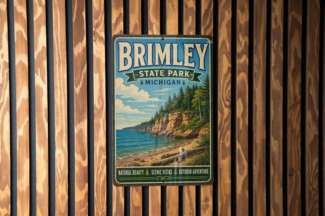 A vintage metal sign for Brimley State Park in Michigan, featuring a scenic landscape with a cliff overlooking a lake.