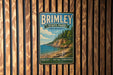 A vintage metal sign for Brimley State Park in Michigan, featuring a scenic landscape with a cliff overlooking a lake.