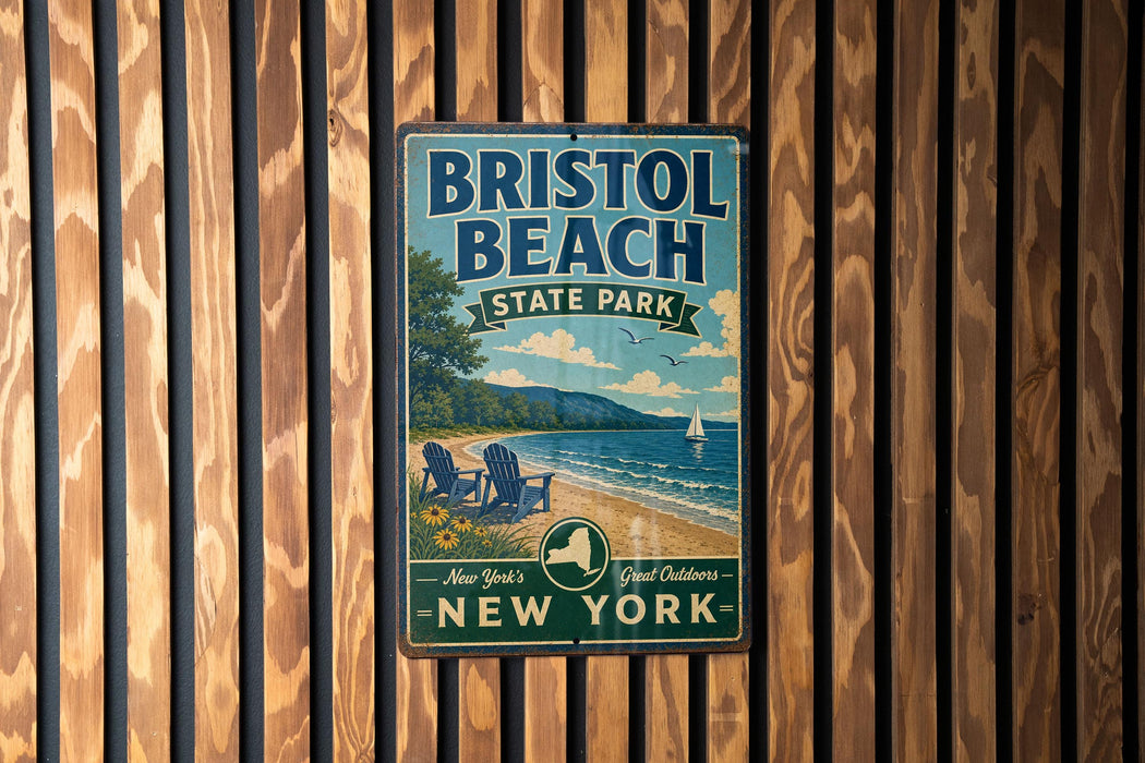A vintage-style metal sign for Bristol Beach State Park in New York, featuring a beach scene with a sailboat and a wooden fence in the background.