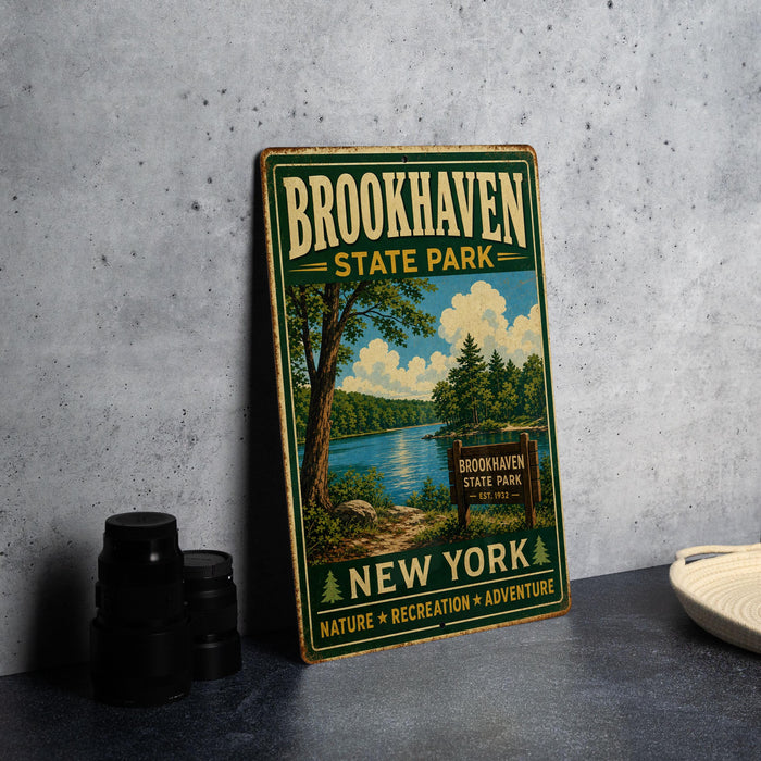 A vintage metal sign for Brookhaven State Park in New York, featuring a scenic illustration of the park and its surroundings.