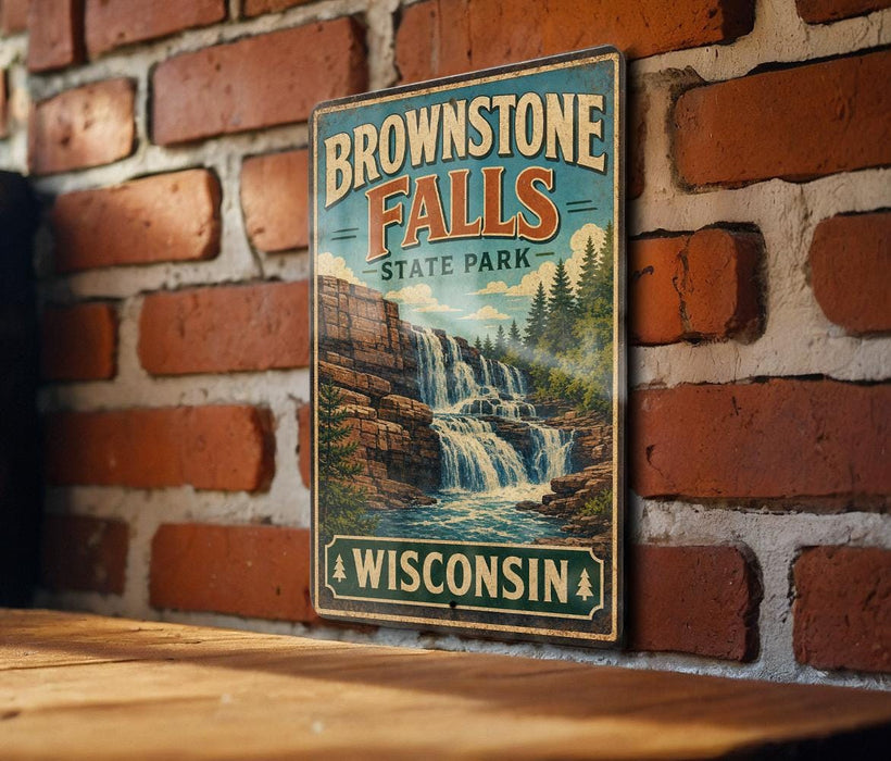 A vintage-style metal sign for Brownstone Falls State Park in Wisconsin, featuring a scenic image of the waterfall surrounded by trees and rocks.