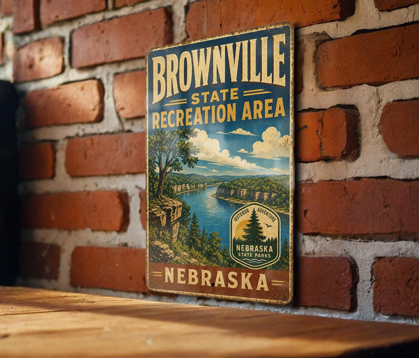 A vintage-style metal sign for the Brownville State Recreation Area in Nebraska, featuring a scenic landscape with a river and mountains.