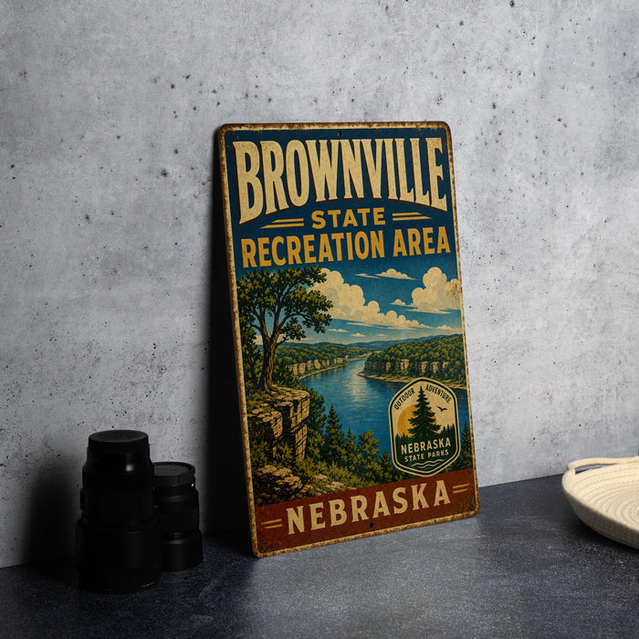 A vintage-style sign for the Brownville State Recreation Area in Nebraska, featuring a scenic landscape with a river and mountains.