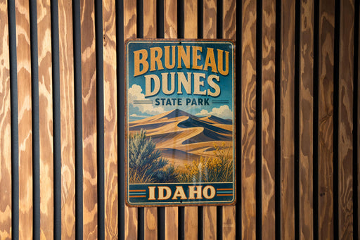A vintage metal sign for Brunette Dunes State Park in Idaho, featuring a desert landscape with sand dunes and mountains in the background.