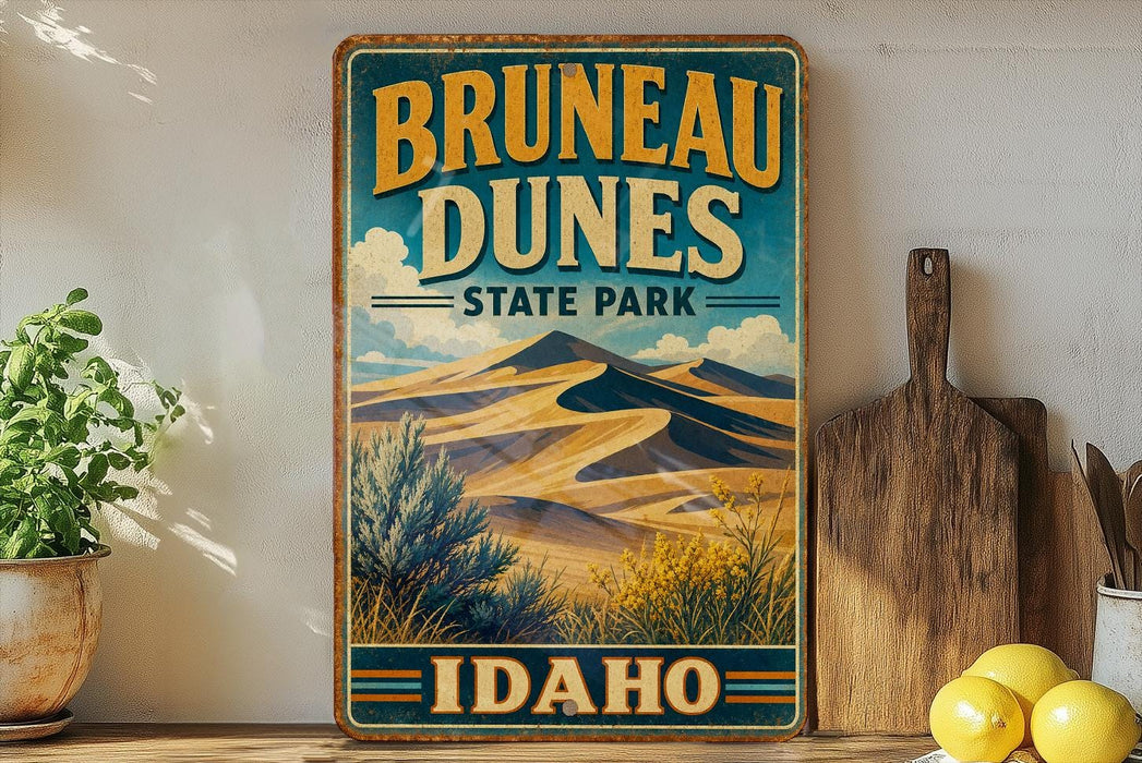 A vintage-style sign for Brunette Dunes State Park in Idaho, featuring a scenic illustration of sand dunes and mountains.