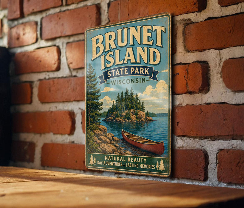 A vintage-style metal sign for Brunet Island State Park in Wisconsin, featuring a scenic illustration of a lake, pine trees, and a canoe.