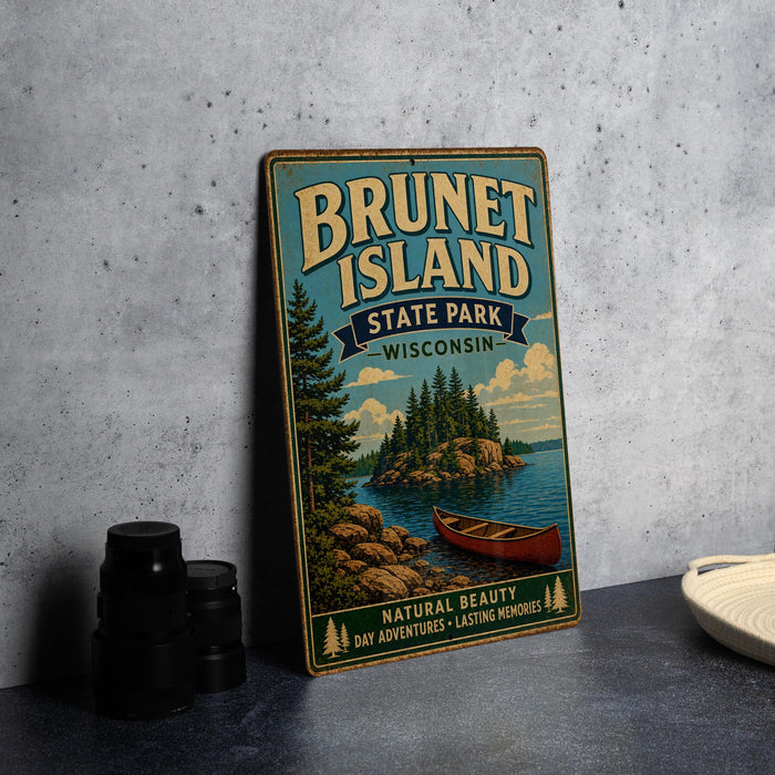 A vintage-style metal sign for Brunet Island State Park in Wisconsin, featuring a scenic illustration of a lake, pine trees, and a canoe.