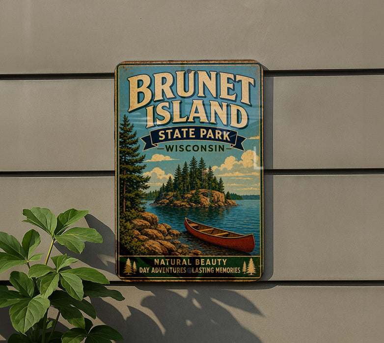 A vintage-style metal sign for Brunet Island State Park in Wisconsin, featuring a scenic image of a lake, pine trees, and a canoe.