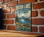 A vintage metal sign for Brush Lake State Park in Montana, featuring a scenic landscape with mountains, trees, and a lake.